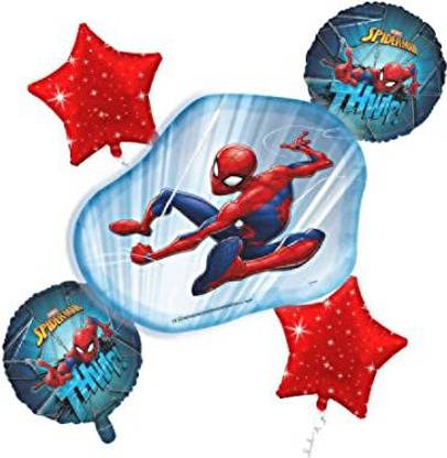 ThemeHouseParty Printed spider man thwip Combo of 5 pcs includes 2 Round Foil Balloons, 2 Star Foil Balloons and 1 mini cutout foil balloon Theme Parties and Birthday Decorations / Party Supplies Balloon