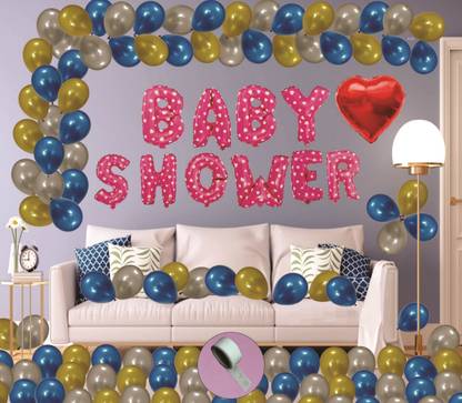 Agk Pack Of 42 pcs Baby Shower Balloons Includes: Baby Shower Letter Foil Balloons (Pink) | 30 Pcs Blue, Gold & Silver Metallic Balloons | 1 Pcs Red Heart Foil Balloons | 1 Pcs Balloon Glue Dots Roll (Baby Shower Photo shoot Decoration Combo)