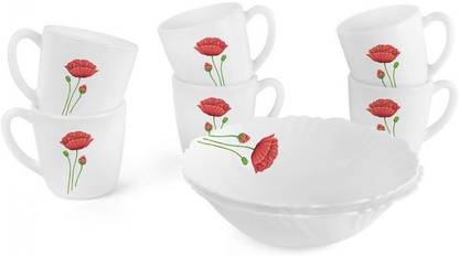 cello Opalware Cereal Bowl Quick Bite Set for Breakfast Red Poppy Set of 6 Cups and 2 Bowls