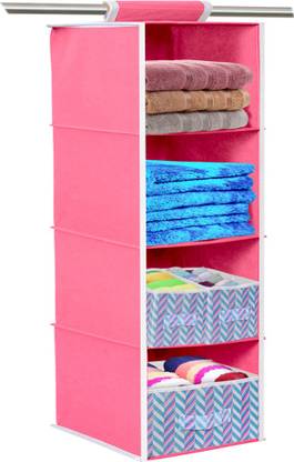 Flipkart SmartBuy 4 Shelf Hanging Closet Organizer 3 Removable Drawers, Hanging Collasible Closet Storage Shelves, with Drawers for Clothes Organization and Storage - Pink Regular Organizer