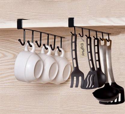 KolorFish Cup Kitchen Rack Steel Mug Hooks Under Cabinet Coffee Cups Storage Multifunction Nail Free Holder Shelf Chest Tie Scarf Hanger Rack (Pack of 2) Black