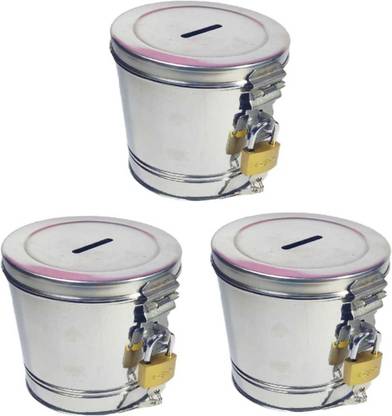 piya bass 3 pcs Stainless Steel Round Shape Money Bank Piggy Banks Antique Coin Bank Box Coin Bank (Silver)(with 3 lock) Coin Bank