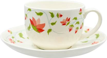 MARK Pack of 6 Ceramic Red flower & green leaf cups & saucer set