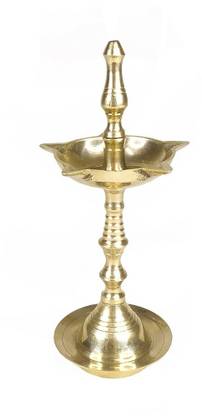 Adhvik Brass Traditional Small Size ( 15 Cm ) Golden Kerala Diya/oil Lamp Stand Deepak for Temple Home Brass Table Diya
