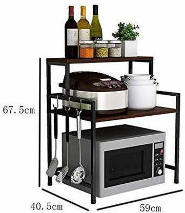 PRITI Cup Kitchen Rack Wood, Iron Microwave Oven Stand Rack Table Two Tier Versatile Organizer Kitchen Accessory- BLACK