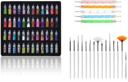 SKINPLUS 48 Bottles 3d Nail Art Set, 5Pc Double Side Dotting Pen, 15Pcs Nail Art Brush Decoration Tool - Combo