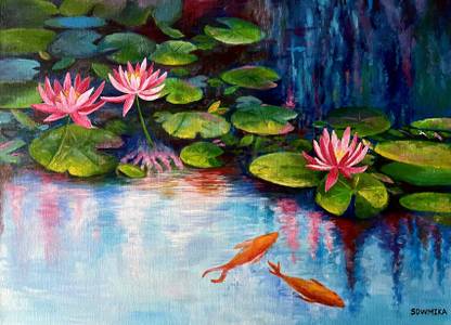 Artarray Original Acrylic lotus pond Canvas 29 inch x 22 inch Painting
