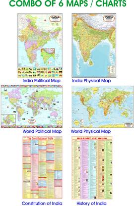 MAPS FOR UPSC ( SET OF 6 ) ENGLISH | INDIA & WORLD MAPS ENGLISH ( POLITICAL & PHYSICAL ) CONSTITUTION OF INDIA & HISTORY OF INDIA CHART | NON LAMINATED PAPER MAPS Paper Print