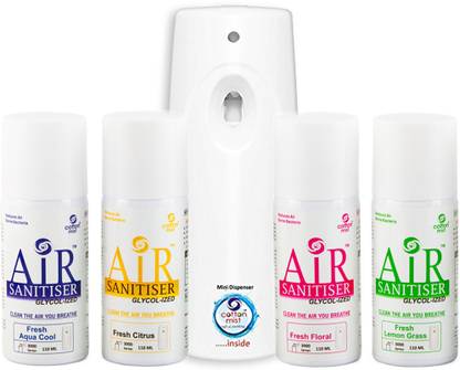 Cotton Mist 1 Automatic Air Freshener 1011 Single LED Dispenser with 4 Air Sanitizer Glycol-Ized -110ml Refills Automatic Spray 1 Automatic Air Sanitizer Dispenser Machine With 4 Refills - 110ml each