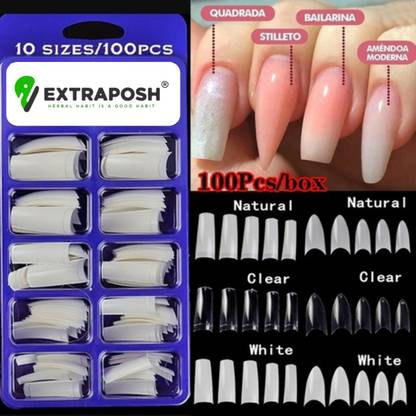 Extraposh Reusable 100 Nails Tips Fake Acrylic Artificial Nails with Glue White WHITE, TRANSPARENT
