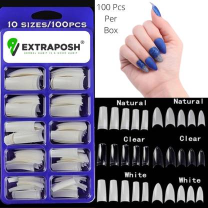 Extraposh Best Quality Artificial Empress Curve 100 Nails Tips with Super Glue WHITE, TRANSPARENT