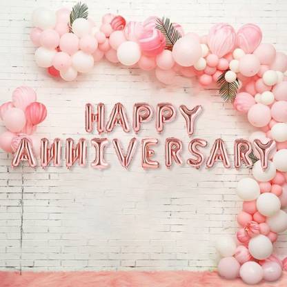 STT Happy Anniversary Decoration Kit Combo - 50-Pcs Each of Pink & White Balloons With RoseGold Happy Anniversary Foil Balloon/ Balloon Set