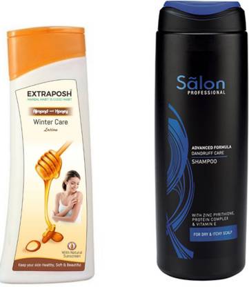 salon professional ADVANCED FORMULA DANDRUFF CARE SHAMPOO - USEFULL FOR DRY & ITCHY SCALP ( 200 ML ) + EXTRAPOSH SKIN BLEACHING ALMOND & HONEY BODY LOTION FOR OILY SKIN