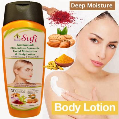 sufi Body Lotion (Use in Summer & Winter Both) for All Types of Skin. Deep Hydration Technology, ULTIMATE Body Protection 100% Pure A luxurious Kumkumadi Miraculous Ayurvedic & Authentic Facial Moisturizer & Glowing Skin & Spot Free Skin, Rich in Vitamin E & Antioxidants, Fight Skin-Aging. No Synthetic & Mineral Oil, Paraben Free.(1 Unit ).