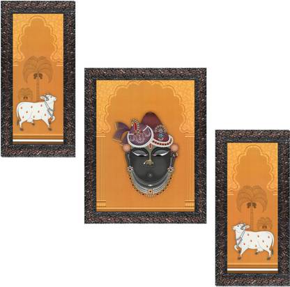 Indianara Set of 3 Srinathji Krishna Framed Art Painting (3799GBN) without glass (6 X 13, 10.2 X 13, 6 X 13 INCH) Digital Reprint 13 inch x 10.2 inch Painting