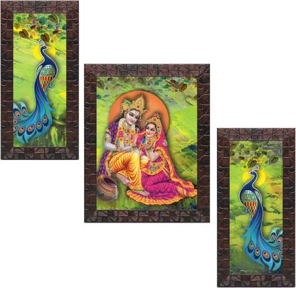 Indianara Set of 3 Radha Krishna with Peacock Framed Art Painting (3800GBNN) without glass (6 X 13, 10.2 X 13, 6 X 13 INCH) Digital Reprint 13 inch x 10.2 inch Painting