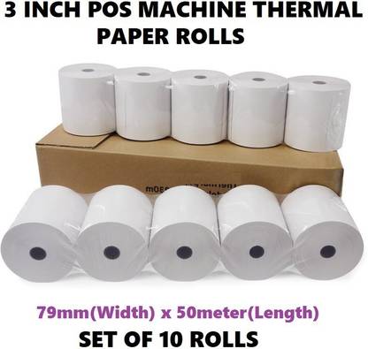 AIMERS 3 Inch Best Thermal Paper Rolls for Billing Pos Machine- 79mm(Width)x50meter(Length) Set of 10 Rolls 79mm 70 gsm Thermal Paper