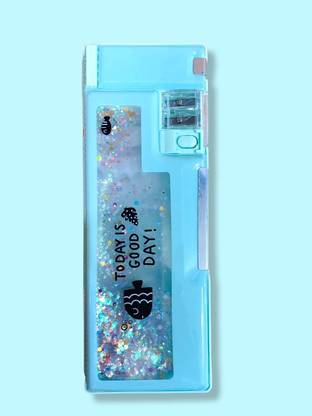 ZUMMY Multi-Purpose Water Filled Glitter Pencil Box/ Pencil Case Dual Side Use with Pencil Sharpener, Pencil Holder for Kids 1 Art Plastic Pencil Box