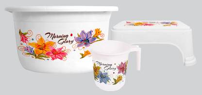 KUBER INDUSTRIES Printed 3 Pieces Unbreakable Virgin Plastic Multipurpose Mug, Tub & Stool Set (White) 25 L Plastic Bucket