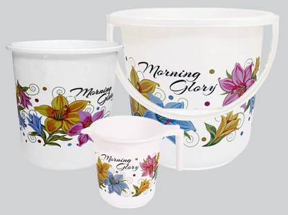KUBER INDUSTRIES Printed 3 Pieces Unbreakable Virgin Plastic Multipurpose Bucket, Mug & Dustbin Set (White) 16 L Plastic Bucket