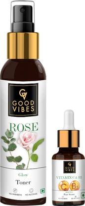 GOOD VIBES Toner - Rose Glow (120 ml) and Skin Glow Serum - Vitamin C & Vitamin B3 (10 ml) Combo