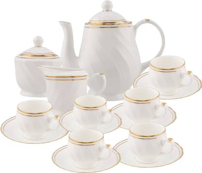 TAGROCK Bone China Bone China Tea Set/Cup & Saucer/Tea Kettle Pot Gold Line (Set of 15pcs)