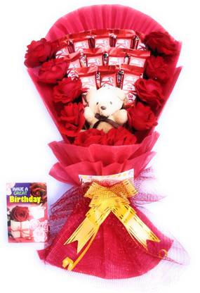 FluteRey 12 KITKAT10 RED ARTIFICIAL ROSE CHOCOLATE BOUQUET WITH HAVE A GREAT BIRTHDAY CARD Paper Gift Box