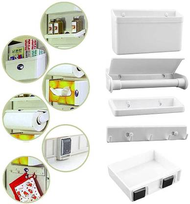 Connectwide Containers Kitchen Rack Plastic 5 In 1 Multipurpose Magnetic Refrigerator Storage Rack, White 5 in 1 Refrigerator Side Storage Shelve Rack Organizer,Refrigerator Storage Rack 5 IN 1 Magnetic Tissue Paper Roll Holder Spice Rack Towel Rack Hook Rack Cruet Stand Side Tray Holder Fridge Organizer Paper Roll Dispenser
