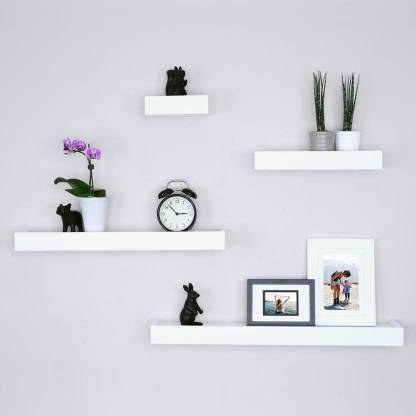 ONLINECRAFTS wooden shelf ( KASTI ) white wali 4 pcs Wooden Wall Shelf