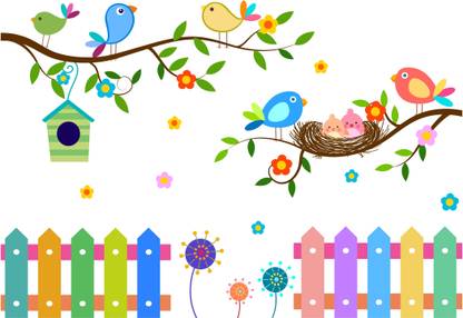 wildartcreation 68 cm Branch Birds Nest Color - Multicolor Self Adhesive Sticker