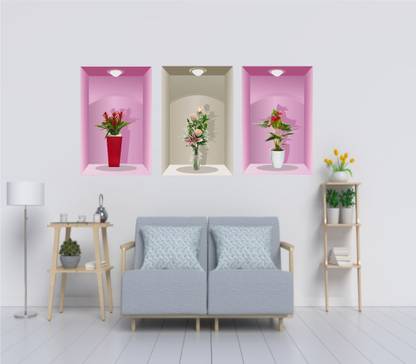 NESTA 96 cm 3 Pieces 3D Beautiful Flower Pot Design wall sticker Home decor Self Adhesive Sticker