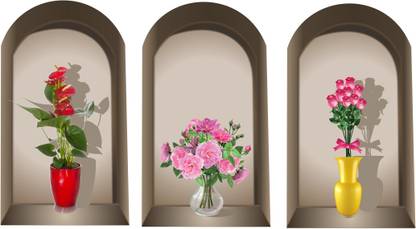 Divine studio 71 cm 3 Pieces 3D Beautiful Flower Pot Wall Sticker Standard Size -71cmx75cm Color - Multicolor Self Adhesive Sticker