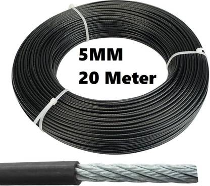 ivee international Gym Machine Wire Rope PU Coated Cable Inside Steel (Black) (5 MM, 20 Meter) Climbing Pulley