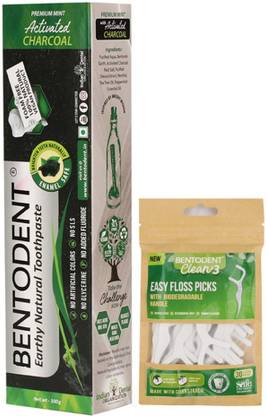 bentodent Activated Charcoal toothpaste with Biodegradable Clean x 3 Dental Floss Picks (30 Qty)