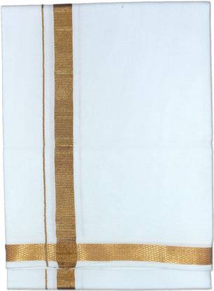 Prakasam Cotton Men's Gold Jari Border (1.28X2.00 mtrs) Single White Dhoti/ Golden Jari border ( pack of 1 ) Solid Men Dhoti