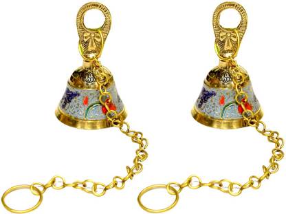 Dsh Pure Brass Pooja Room Hanging Bell with Chain Set of 2, for Temple Mandir Home Decorative Bell (Sky Blue) Brass Pooja Bell