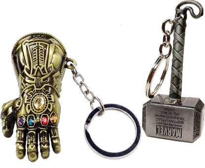 ANZ Avengers Thanos Hand and thor hammer metal stylish keychain for bike car (multicolur) 2 piece combo Key Chain