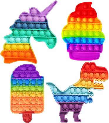 Aseenaa Pop It Fidget Toys | Unicorn, Dinasour, Cup Ice Cream And Ice Cream Rainbow Combo | Pack Of 4 | Pop Its Toy Set | Popits Stress Relief Rainbow | Poppit Silicone Gadgets | Push Pop Bubble Fidget Gift For Kids | Colour - Multi