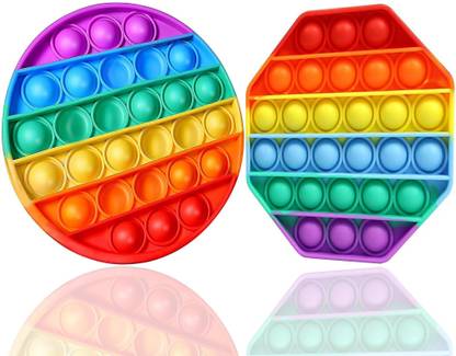 Aseenaa Pop It Fidget Toys | Octagone And Round Rainbow Combo | Pack Of 2 | Pop Its Toy Set | Popits Stress Relief Rainbow | Poppit Silicone Gadgets | Push Pop Bubble Fidget Gift For Kids | Colour - Multi
