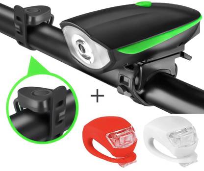 NSV Rechargeable Bicycle Super Bright Light+Horn Or 2 Tail Light Blinkers With 3 Mode LED Front Rear Light Combo