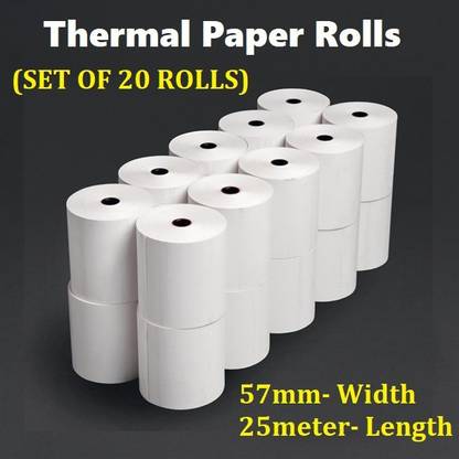 AIMERS Thermal Paper Rolls for All ATM, Debit/Credit Swipe Card, Billing, Coupons and Other Printing Machines, White in Colour, Size: 58 mm Width X 25 mtrs Length, Pack of 20 Rolls 57mm 70 gsm Thermal Paper