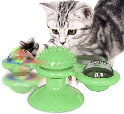 Qpets Windmill Pet Cat Toy Interactive cat Toys for Indoor Cats Kitten Toys with LED Light Ball and Two Catnip Toy Balls cat Toothbrush chew Toy Green Rubber Chew Toy For Cat