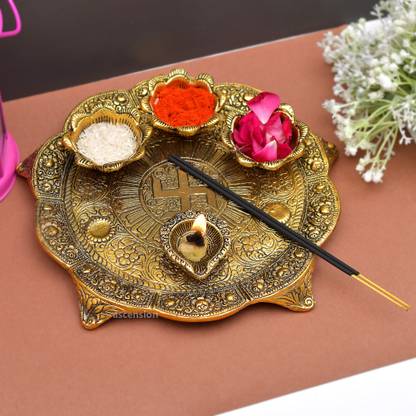 Ascension White Metal Pooja Thali with Deepak Swastik Flower Designer Plate thali Diya Deepak Thali Puja (Golden) Gold