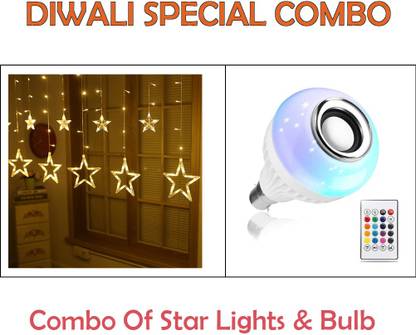 ghar ki khushiya SPEACIAL DIWALI DHAMAKA COMBO OFFER (STAR LIGHT + SMART BULB ) SMART BULB WITH BLUETOOTH REMOTE AND SPEAKER . BLUETOOTH BULB WITH SPEAKER ,DJ BULB , MULTICOLOR BULB ,DIWALI BULB, LIGHT CHANGING BULB WITH STAR LIGTH FOR DIWALI ,PARTY & DECORATION (PACK OF 12 STAR LIGHT & 1 SMART BULB) Smart Bulb