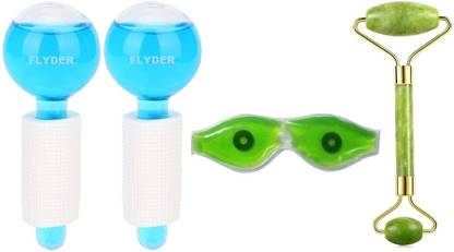 FLYDER 2Pcs. ice Globes For Face Facial Ice Globe, Smart Magic Cool Face Roller Ball, Facial Massage Tools With 100% Natural Jade Stone Facial Roller Massage, Face Eye Neck Foot Massage.With Aloe Vera Cool Gel Eye Mask.