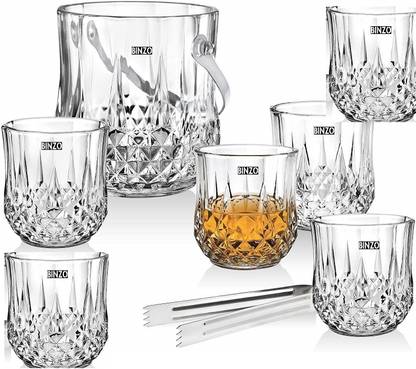 BINZO 1 L Glass Glass Ice Bucket Set with 6 Glasses, Steel Handle & Steel Tong, Set of 7 Ice Bucket