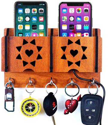 Ambvin ™ Craft K1203 Home Side Antique ART Wall Mount Key Hanger With 2 Pocket Mobile Charging Stand, Stylish Living Room Decor Wood Key Holder