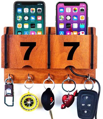 Ambvin ™ Craft K1207 Home Side Antique ART Wall Mount Key Hanger With 2 Pocket Mobile Charging Stand, Stylish Living Room Decor Wood Key Holder