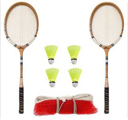 CLOVERBYTE Wooden Badminton kit Set Of 2 Piece Racquet with 4 Piece Plastic Shuttle Cock And Badminton Net Badminton Kit