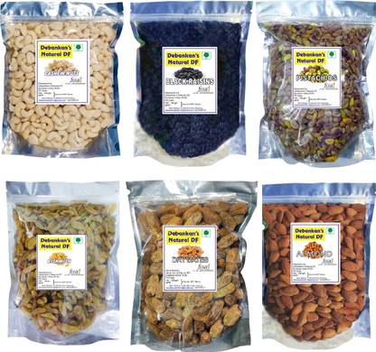 Debankan's Natural DF Combo Pack (6 x 100 gm Pack ) Almonds, Black Raisin,Plain Pistachios, Dry Dates,Raisins, Cashews Almonds, Cashews, Pistachios, Raisins, Dates, Raisins
